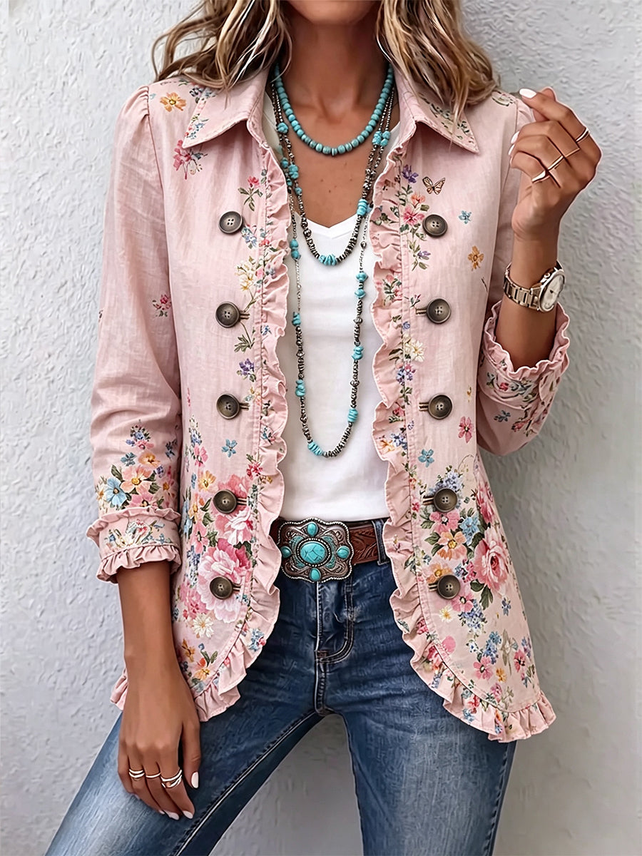 Ana | Chaqueta Floral Rosa con Volantes y Botones