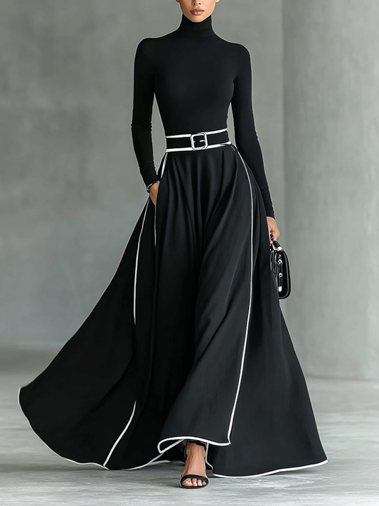 Gina – Vestido Maxi de Mujer Negro con Costuras Blancas y Cuello Alto, Manga Larga, Cintura Ceñida