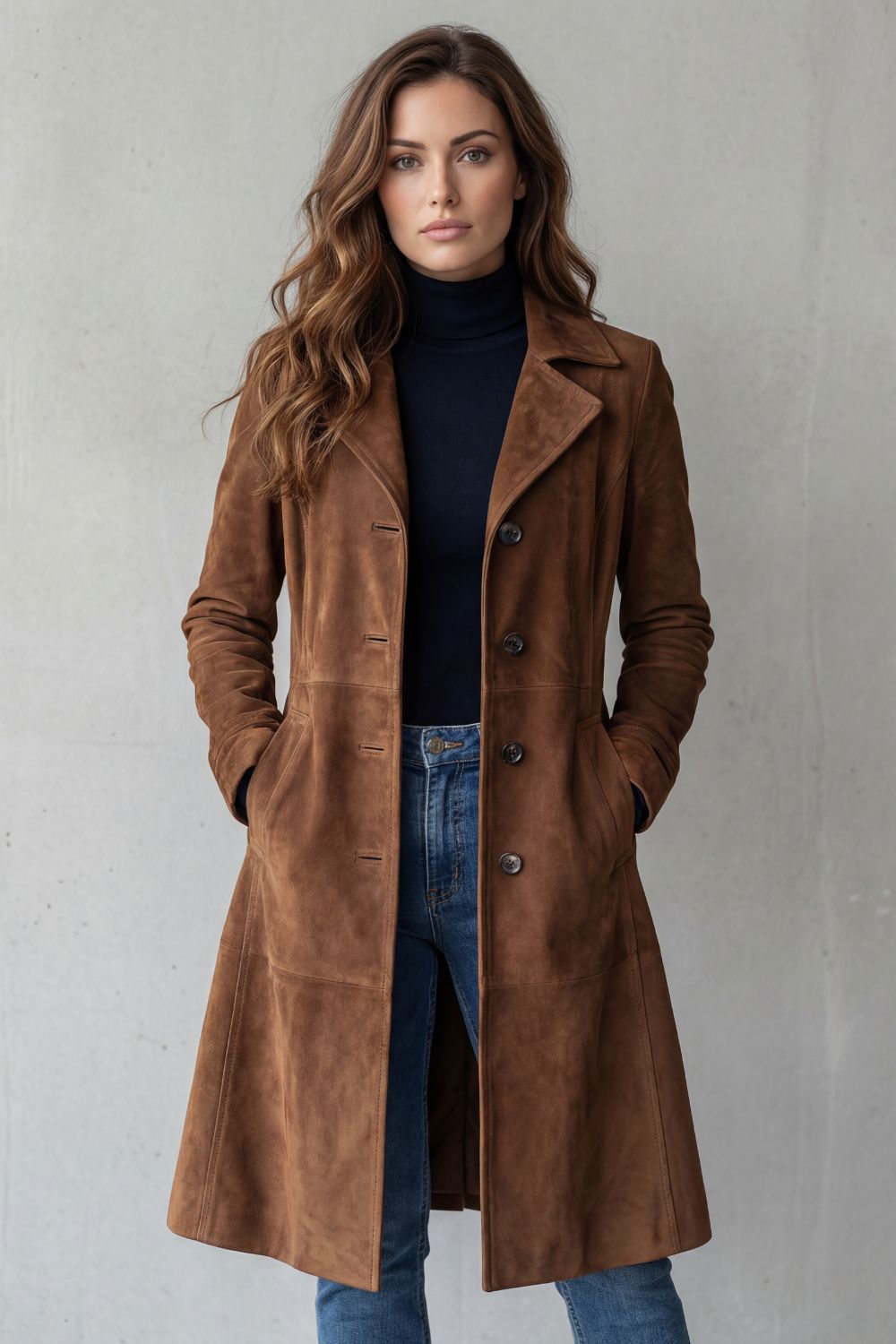 Elena – Abrigo largo de ante con acabado vintage