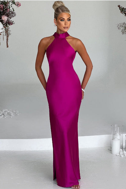 Carlota | Elegante vestido largo de satén con escote halter