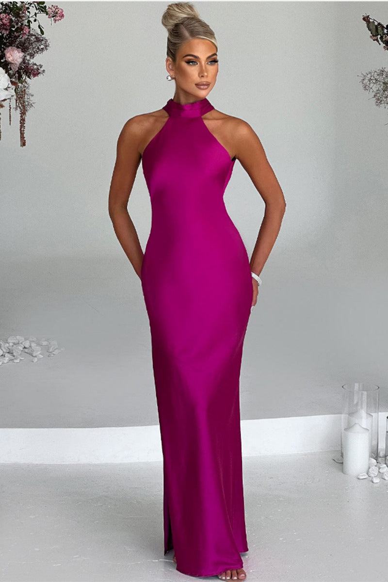 Carlota | Elegante vestido largo de satén con escote halter