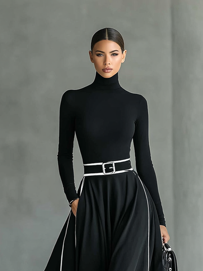 Gina – Vestido Maxi de Mujer Negro con Costuras Blancas y Cuello Alto, Manga Larga, Cintura Ceñida