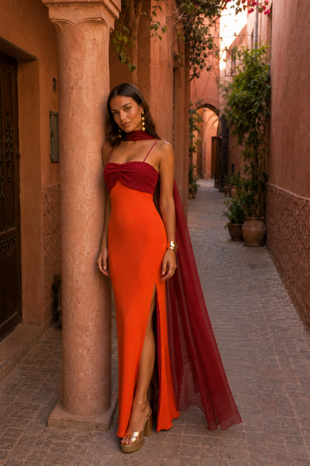Vestido Largo Drapeado Bicolor