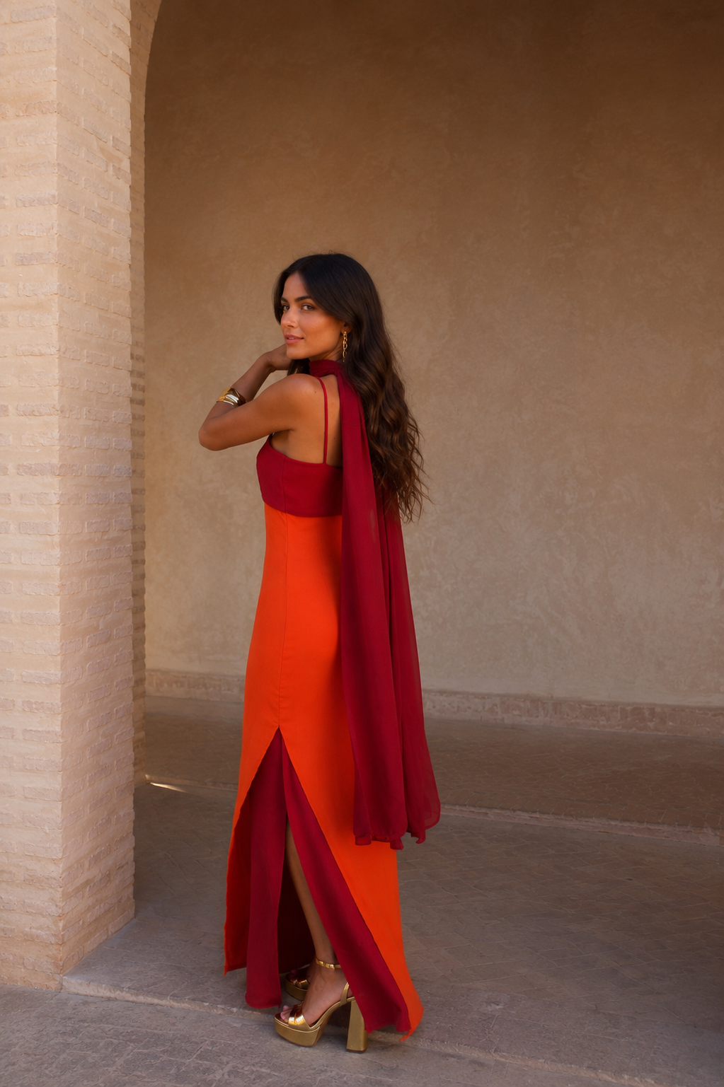 Vestido Largo Drapeado Bicolor
