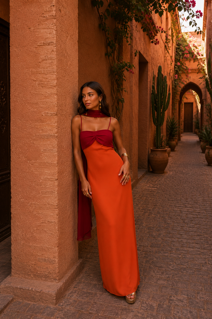 Vestido Largo Drapeado Bicolor