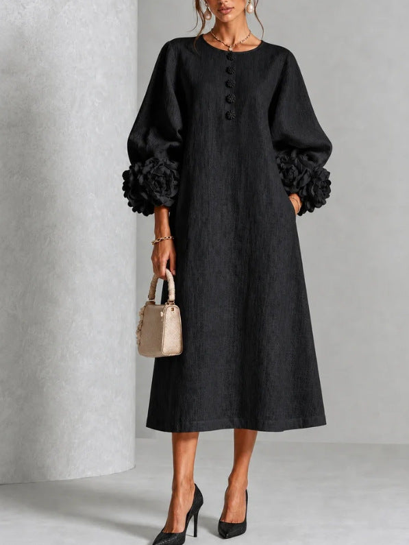 Valeria – Vestido midi con mangas de rosetas