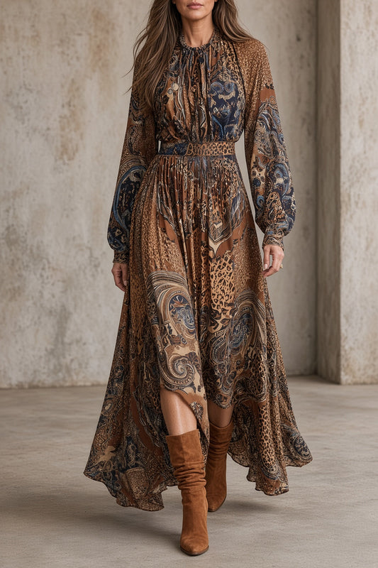 Noelia – Vestido largo vintage estampado con mangas abullonadas
