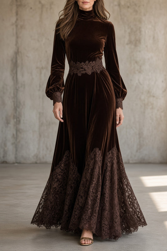 Mónica – Vestido largo de terciopelo con detalles de encaje