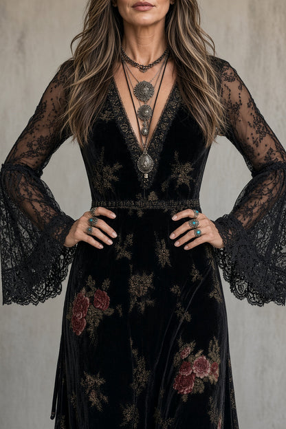 Natalia – Vestido largo de terciopelo floral con mangas de encaje