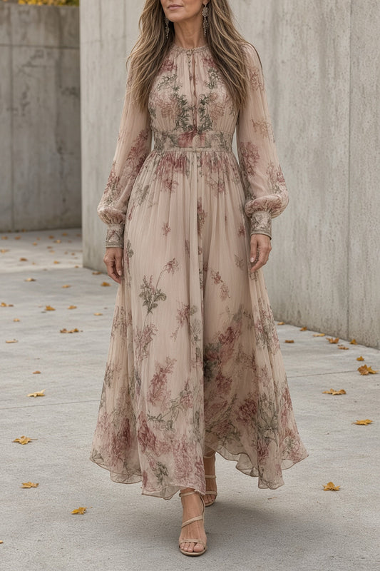 Luna – Vestido largo de flores con manga larga