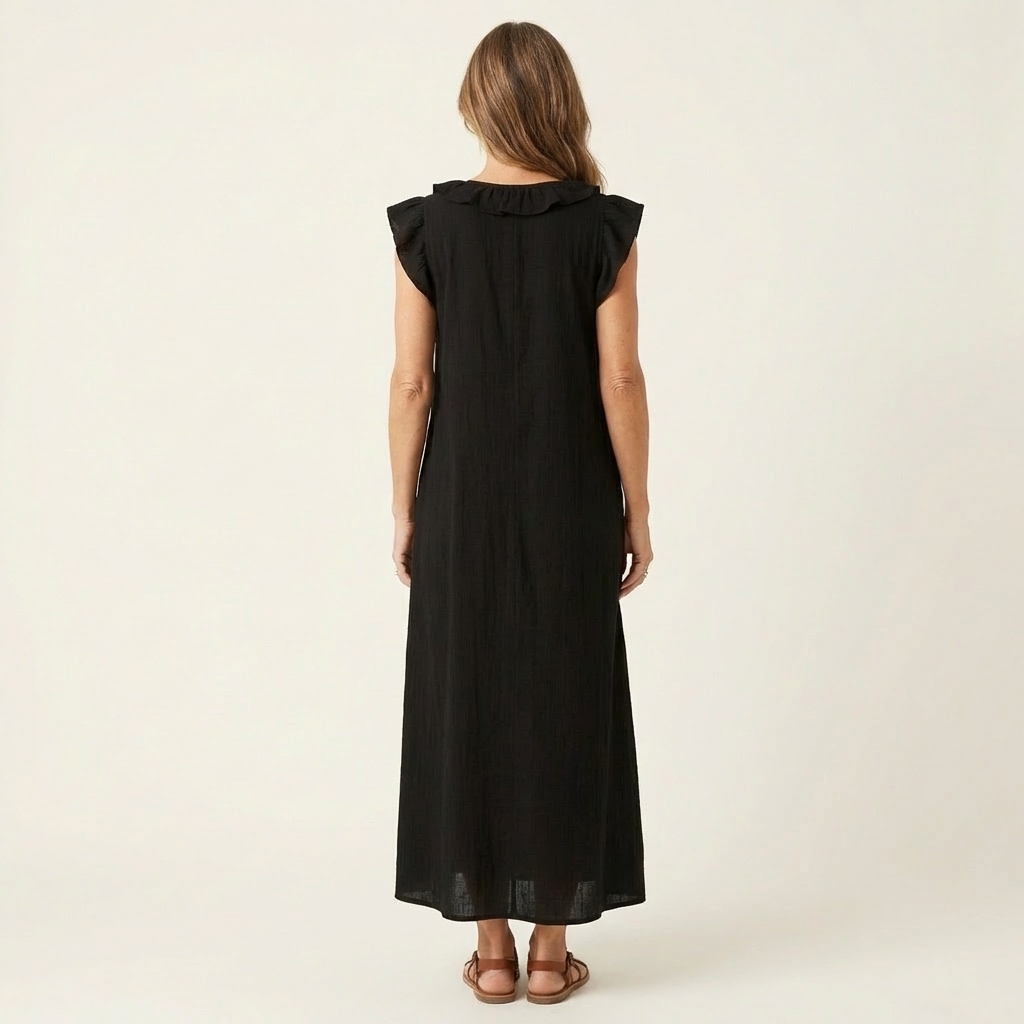 Marisol | Vestido largo de lino con cuello en V y volantes
