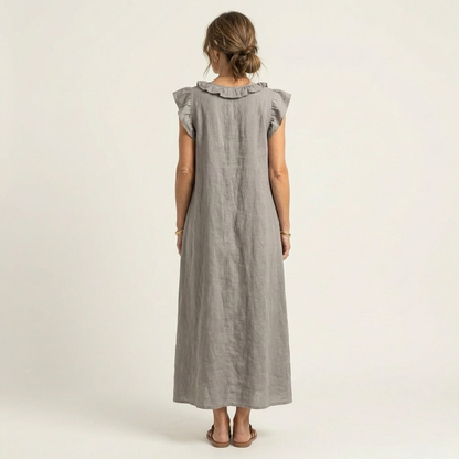 Marisol | Vestido largo de lino con cuello en V y volantes