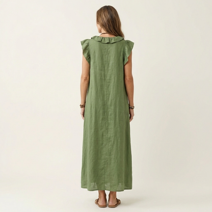 Marisol | Vestido largo de lino con cuello en V y volantes