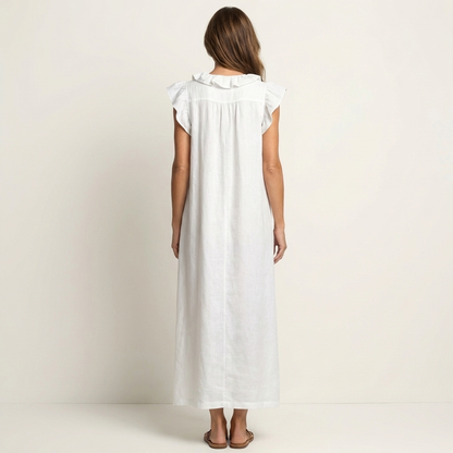Marisol | Vestido largo de lino con cuello en V y volantes