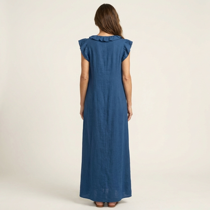 Marisol | Vestido largo de lino con cuello en V y volantes