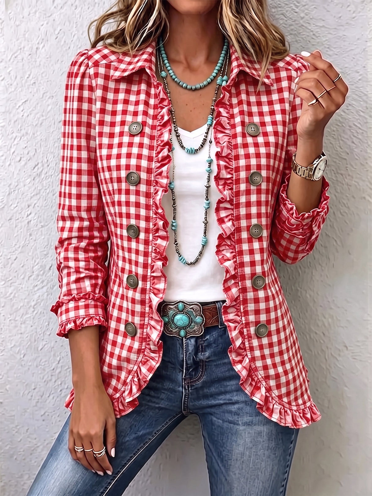 Marisa | Chaqueta de Cuadros Vichy con Volantes y Botones