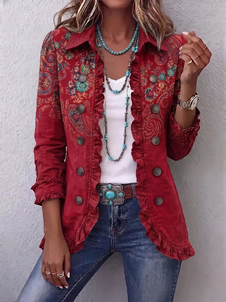 Silvia | Chaqueta Bohemia Paisley Roja con Volantes