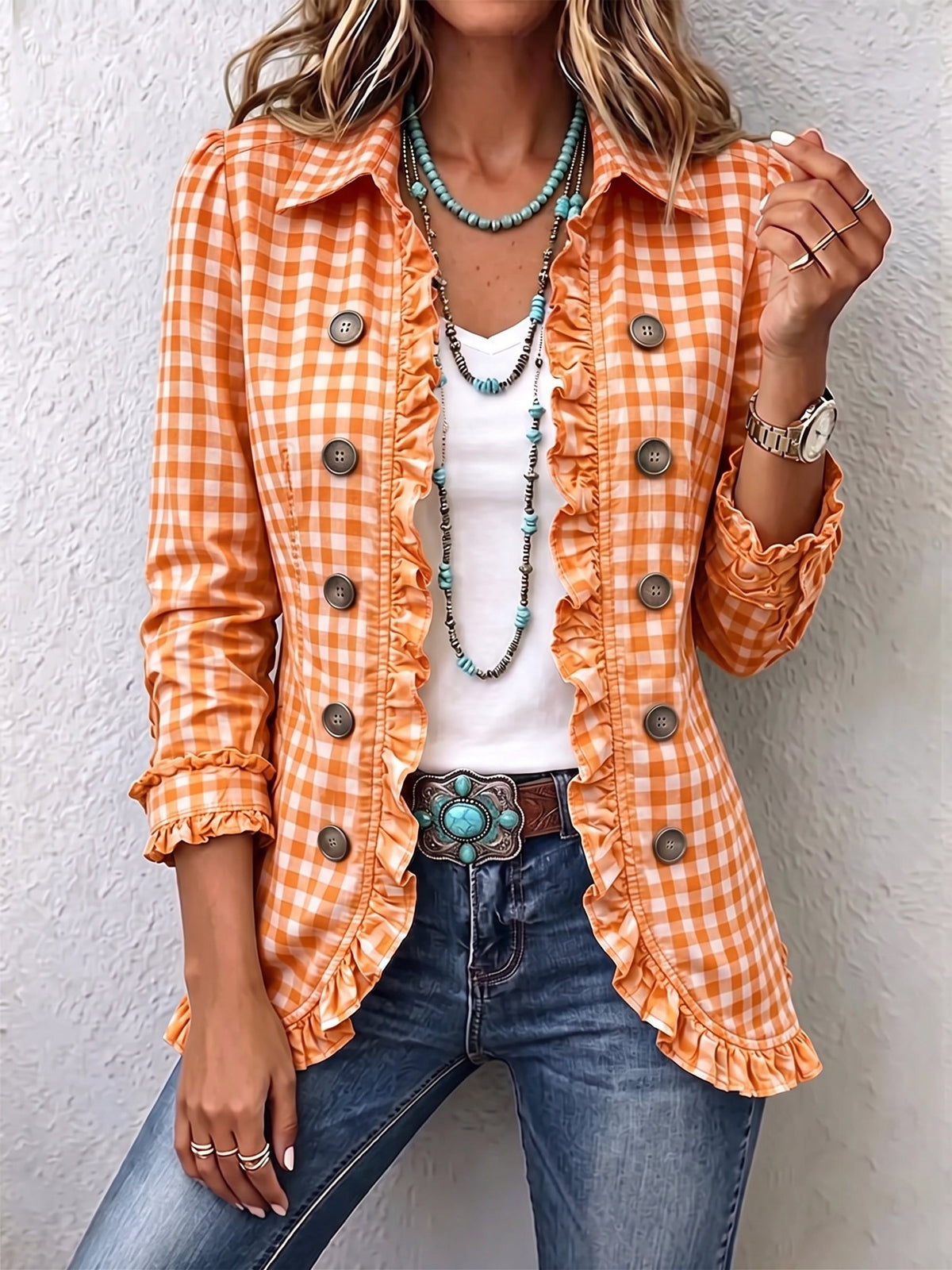 Marisa | Chaqueta de Cuadros Vichy con Volantes y Botones