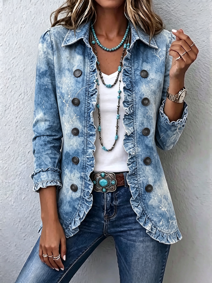 Natalia | Chaqueta Bohemia Botánica Vintage Degradada Azul con Volantes