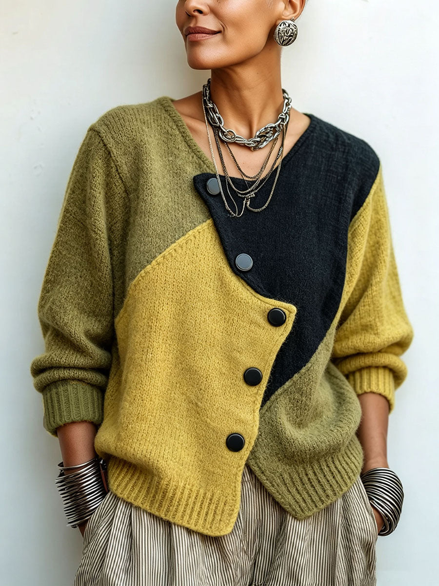 Jersey de punto asimétrico y acogedor con bloques de color artísticos.