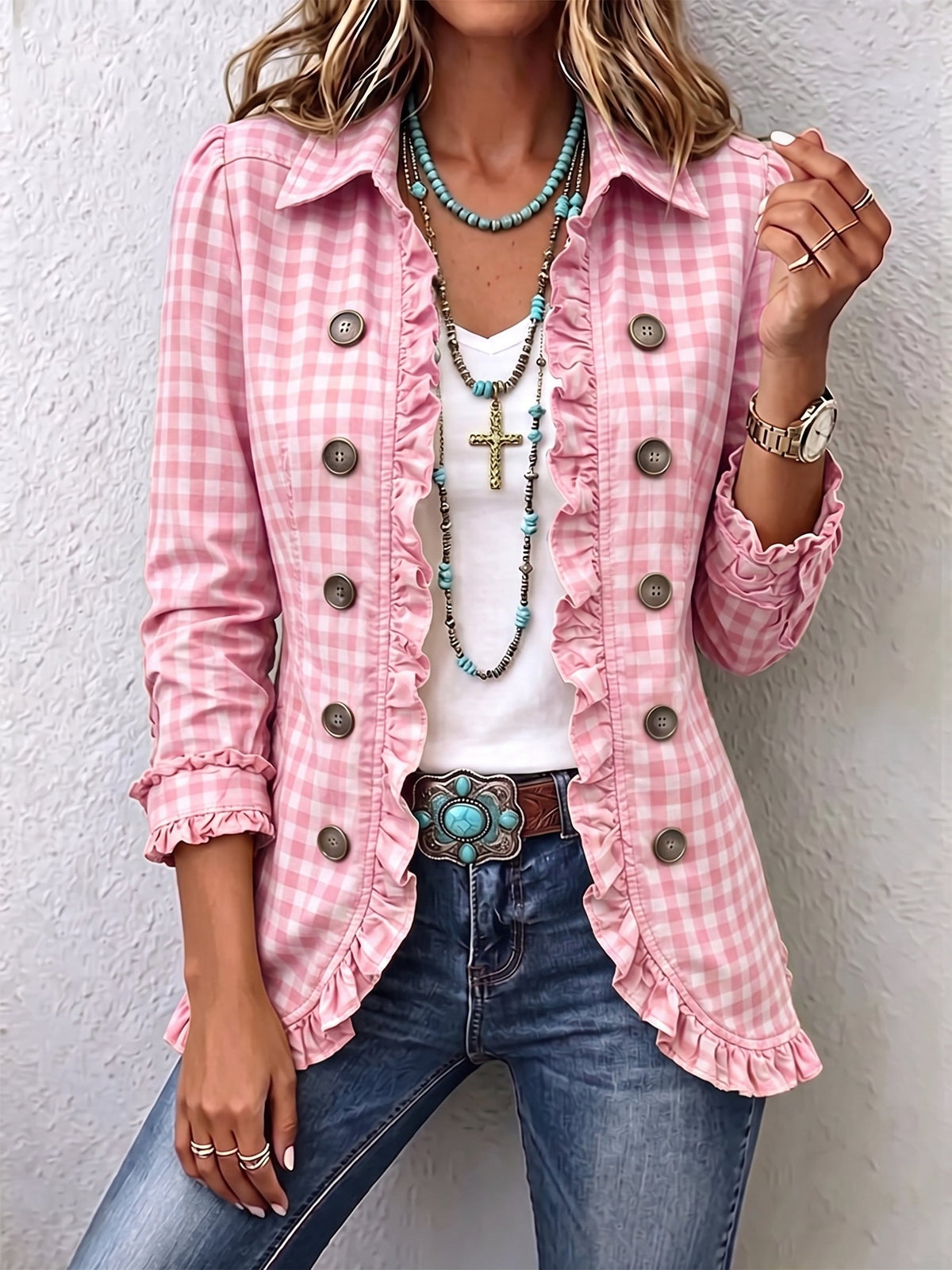 Marisa | Chaqueta de Cuadros Vichy con Volantes y Botones