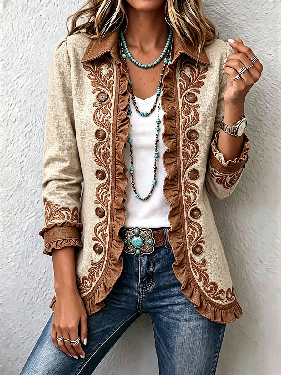 Rocío | Chaqueta Bohemia Floral Vintage Camel y Marrón con Volantes