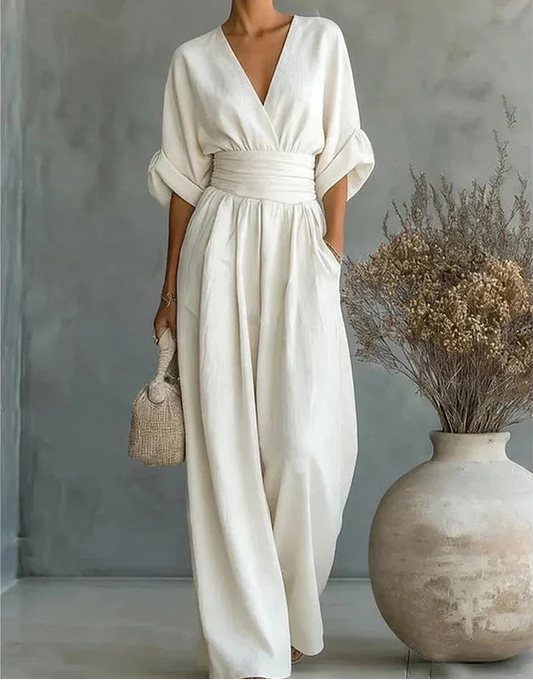 Daniela I Mono elegante de escote en V y pierna ancha